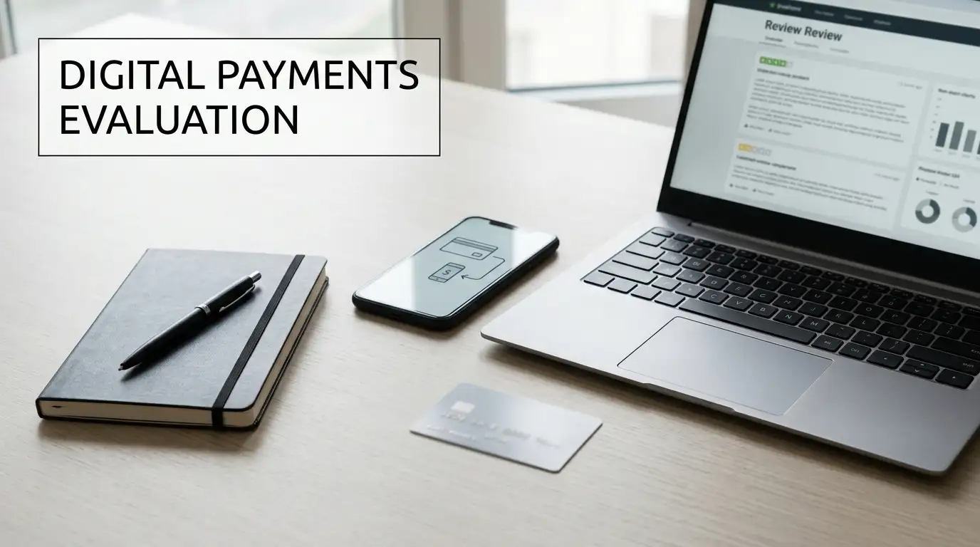 Laptop and phone beside payment cards on a neutral desk